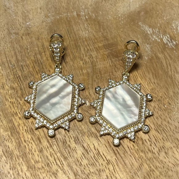 Judith Ripka 14K Sterling Silver Clad Diamonique & Mother of Pearl Earrings RARE - Picture 2 of 16